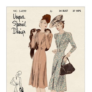 Década de 1940 elegante vestido de té de una sola pieza PDF patrón de costura busto 34