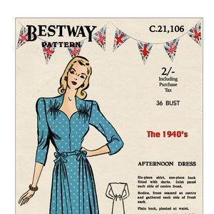 1940s Wartime Tea Dress Pattern Bust 36