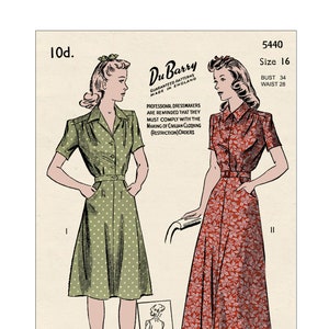 1940s Wartime Shirt Dress with Pockets PDF Sewing Pattern Bust 34