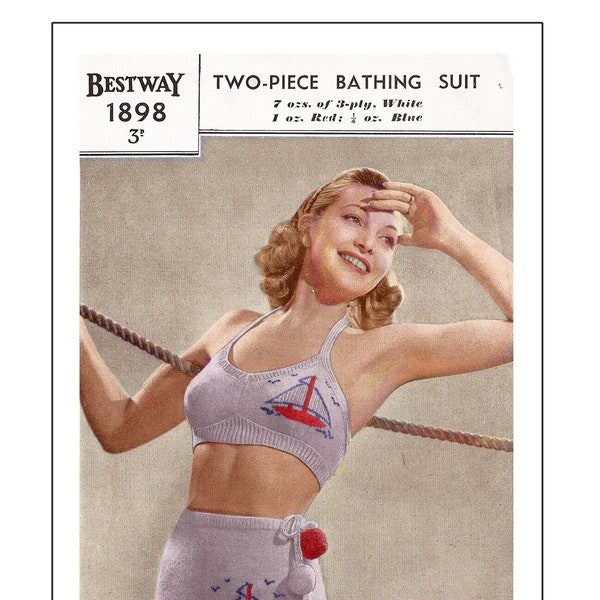 1940s Two Piece Swimsuit Vintage PDF Knitting Pattern