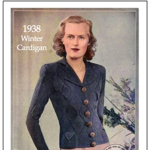 May include: A vintage knitting pattern for a 1938 winter cardigan. The pattern features a woman wearing a dark blue cardigan with a cable knit design and brown buttons. The image includes the text "1938 Winter Cardigan" and a logo for "Retro Knitting".