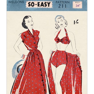 1940s Beach Bikini, Skirt and Blouse PDF Pattern Bust 34