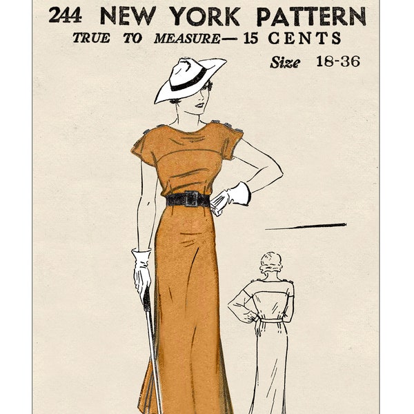 1930s Stylish Summer Dress PDF Sewing Pattern Bust 36