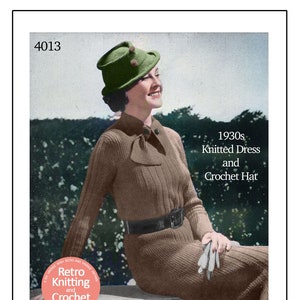 1930s Deco Knitted Dress and Crocheted Hat PDF Pattern Bust 34