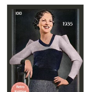 May include: A vintage knitting pattern from 1935 for a sweater with a white, grey, and navy blue colour scheme. The pattern is designed to fit a 34 inch bust.
