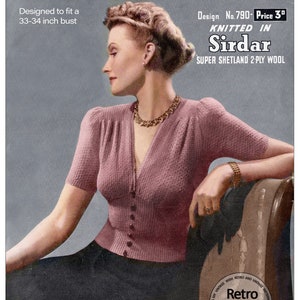 1940s Wartime V Neck Jumper PDF Knitting Pattern Bust 33-34