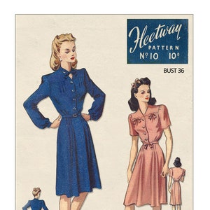 1940's Wartime Tie Neck Tea Dress PDF Sewing Pattern Bust 36