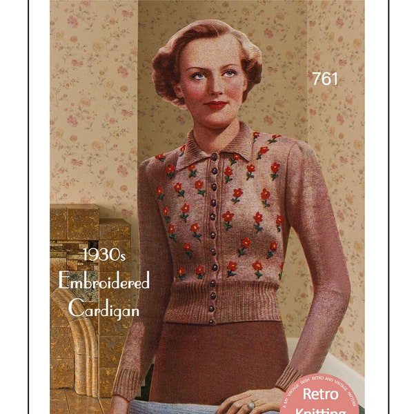 1930s Knitting Pattern for an Embroidered Cardigan Bust 36