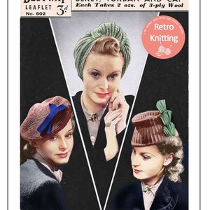 May include: A vintage knitting pattern leaflet for a beret, turban, and cap. The leaflet is titled "Bestway Leaflet No. 602" and costs 3d. The pattern uses 2 ounces of 3-ply wool. The leaflet features three women wearing the different hats.