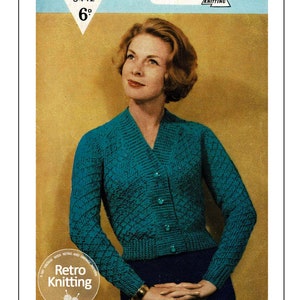 May include: A vintage knitting pattern for a teal blue raglan cardigan. The pattern is for sizes 12 and 14, and requires 11 or 12 ounces of yarn. The pattern is from Bestway Knitwear and is number 3442.
