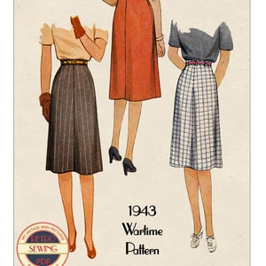 Op de afbeelding: Drie vintage naaipatronen uit 1943 voor rokken uit de oorlogsperiode. De patronen zijn geïllustreerd met drie vrouwen die de rokken dragen. De rokken zijn een gestreepte rok, een rode rok en een geruite rok.