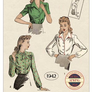 1940s Wartime Blouse Sewing Pattern – Digital PDF with Print-at-Home and A0 Options
