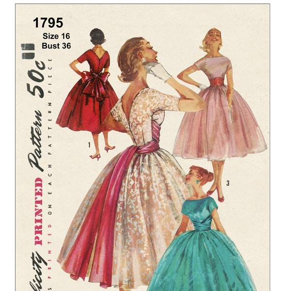 1950s Tea length V back Party Dress PDF Print at Home Sewing Pattern
