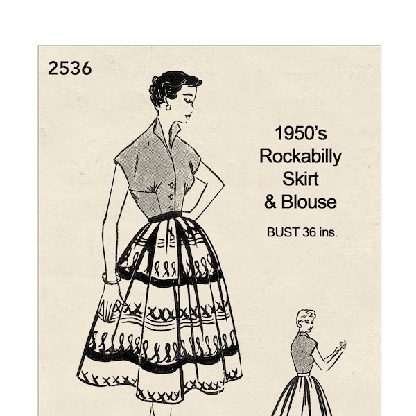 1950's Rockabilly Skirt and Blouse PDF Sewing Pattern - Bust 34 Waist 29