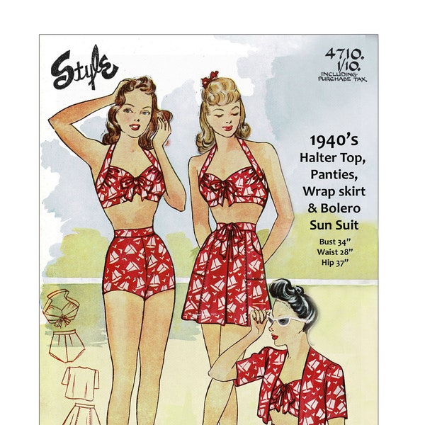 1940s Pin Up Swimsuit, Skirt and Bolero Bust 34 PDF Pattern