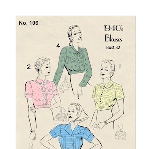 1940&#39;s Stylish Blouse Multi Design PDF Sewing Pattern Bust 32