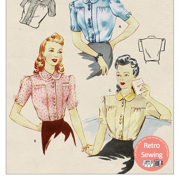 1940's Wartime Yoke Front Blouse PDF Sewing Pattern - Bust 32 - Style 4647