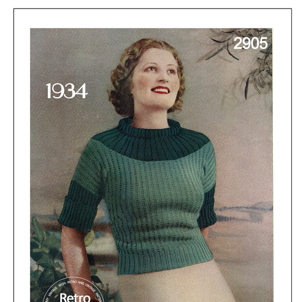 1930's Stylish Roll Collar Sweater PDF Knitting Pattern Bust 34