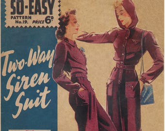 1940s WII Two Way Siren Suit Vintage Sewing Pattern - Bust 36 - PDF Instant Download