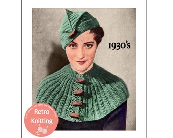 1930's Buttoned Cape and Matching Cap PDF Knitting Pattern