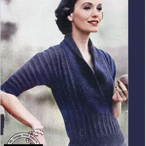 May include: A vintage knitting pattern for a blue sweater with a V-neck and short sleeves. The pattern is designed for bust sizes 32, 34, 36, and 38 inches.