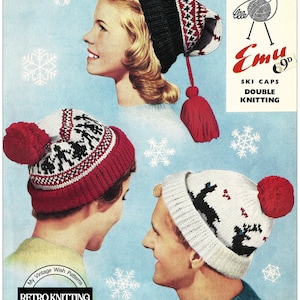 May include: Vintage knitting pattern for ski caps. The pattern features three different ski cap designs, one with a red and white pom-pom, one with a red tassel, and one with a red pom-pom. The pattern is titled "Emu Ski Caps Double Knitting" and is from the "My Vintage Wish Patterns" collection.