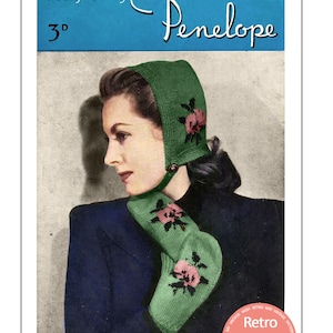 May include: A vintage knitting pattern for a green hooded hat and matching scarf with pink rose embellishments. The pattern is titled "Melody 3-P" and is designed by Penelope. The pattern number is M1265.