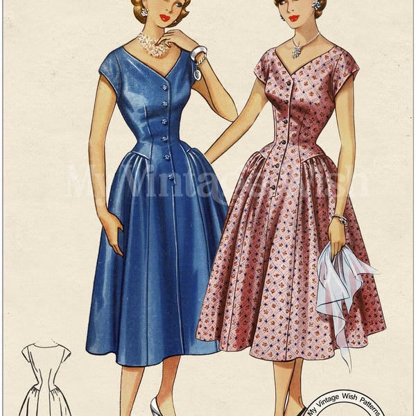 1950s Cap Sleeve Drop Waist Dress PDF Sewing Pattern Bust 36