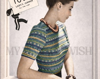 Modello PDF per maglione ricamato anni '40 - Maglione vintage a maniche corte