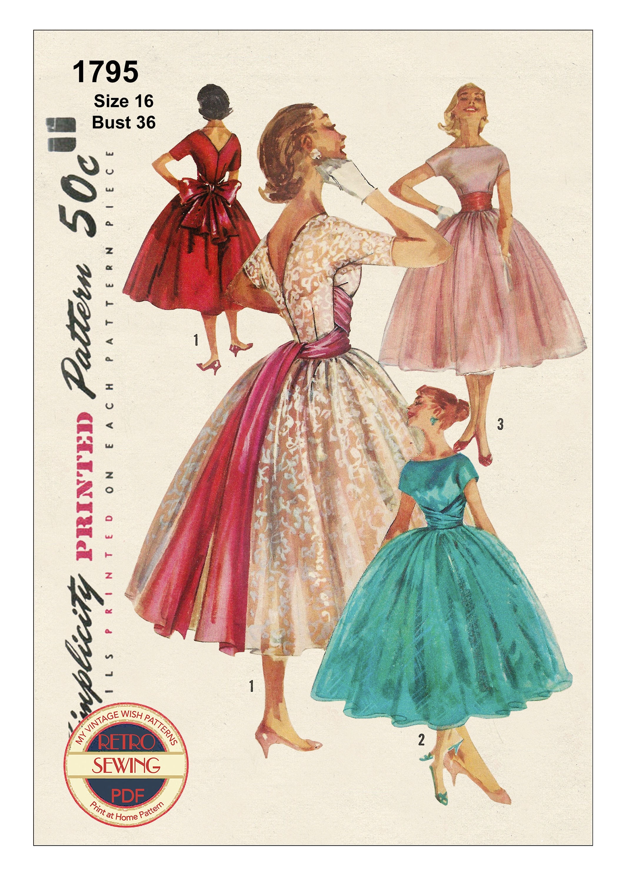 1950s BEAUTIFUL Cocktail Party Evening Dress Pattern SIMPLICITY 1510 Full  or Slim 3 Lovely Styles,Empire Waist Cowl Bateau Neckline Bust 30 Vintage  Sewing Pattern