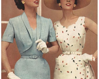May include: Vintage sewing pattern for a dress and bolero. The pattern is for a size 46, with a bust measurement of 38-39 inches. The pattern is illustrated with two women wearing the dress and bolero. The dress is white with a black and red diamond pattern. The bolero is light blue. The pattern is from "My Vintage Wish Patterns" and is called "Smart Dress & Bolero".