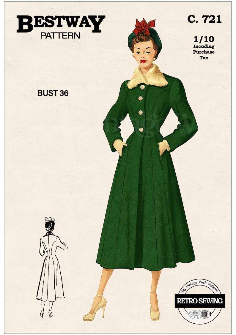 K&ouml;nnte beinhalten: Vintage Bestway Schnittmuster-Illustration. Das Bild zeigt eine Frau in einem gr&uuml;nen Mantel mit Pelzkragen, passendem Hut mit roter Schleife und beigen Abs&auml;tzen. Der Text enth&auml;lt "BESTWAY PATTERN", "BUST 36" und "RETRO SEWING".