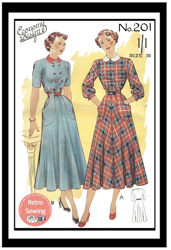 Vestido de cuello Peter Pan de la decada de 1940 con bolsillos PDF Imprimir en el patron de costura casero Etsy Espana
