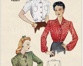 Patrón de costura impreso listo para usar de blusa de guerra de los años 40 para improvisar y remendar