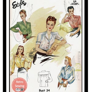 1940's Blouse With Three necklines Ready Printed Sewing Pattern - 2 Sizes available