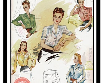 1940's Blouse With Three necklines Ready Printed Sewing Pattern - 2 Sizes available