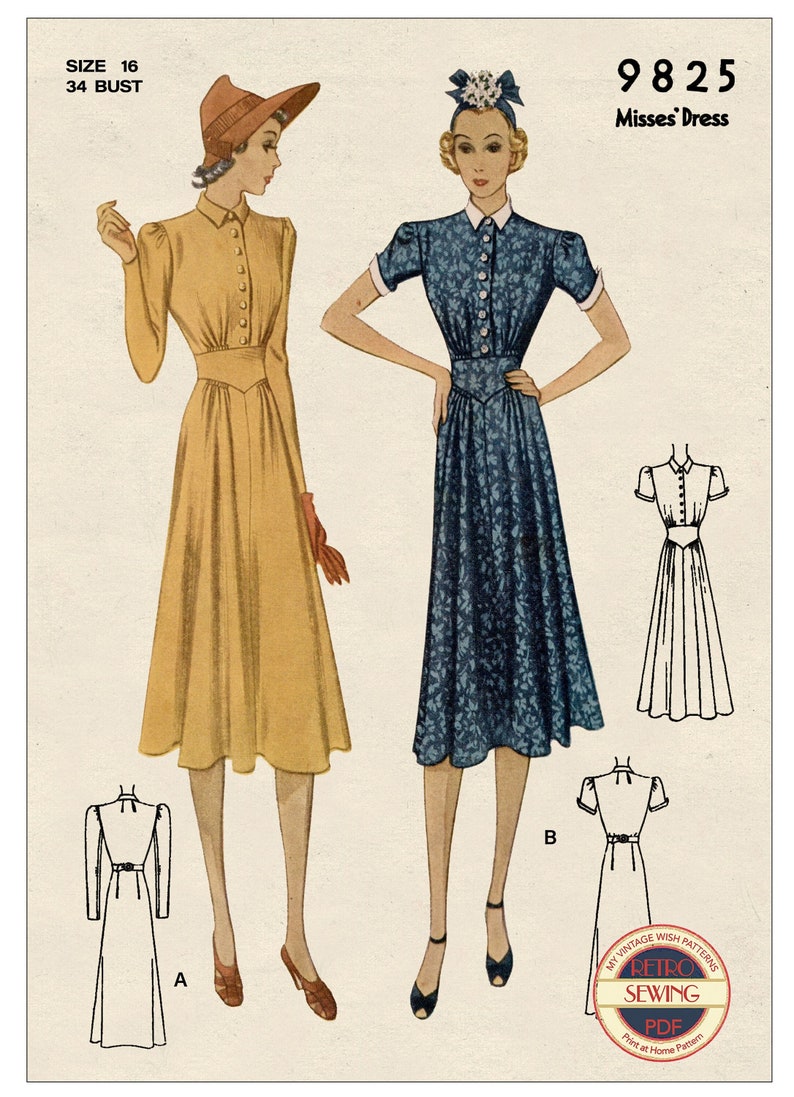 1930s Button Front Tea Dress PDF Sewing Pattern Bust 34 image 1