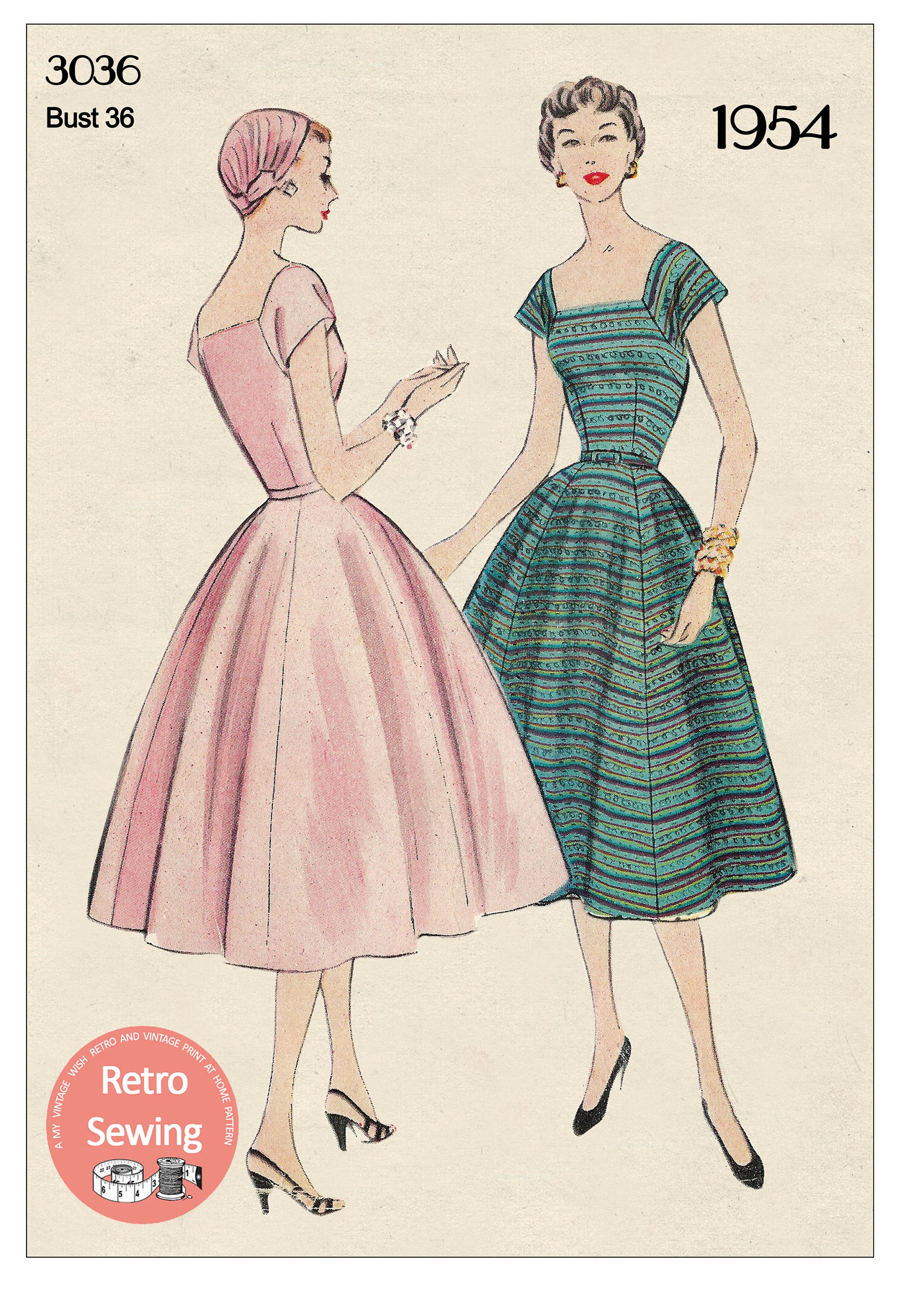 1950's Rockabilly Style Dress Vintage Sewing Pattern Bust 36 PDF