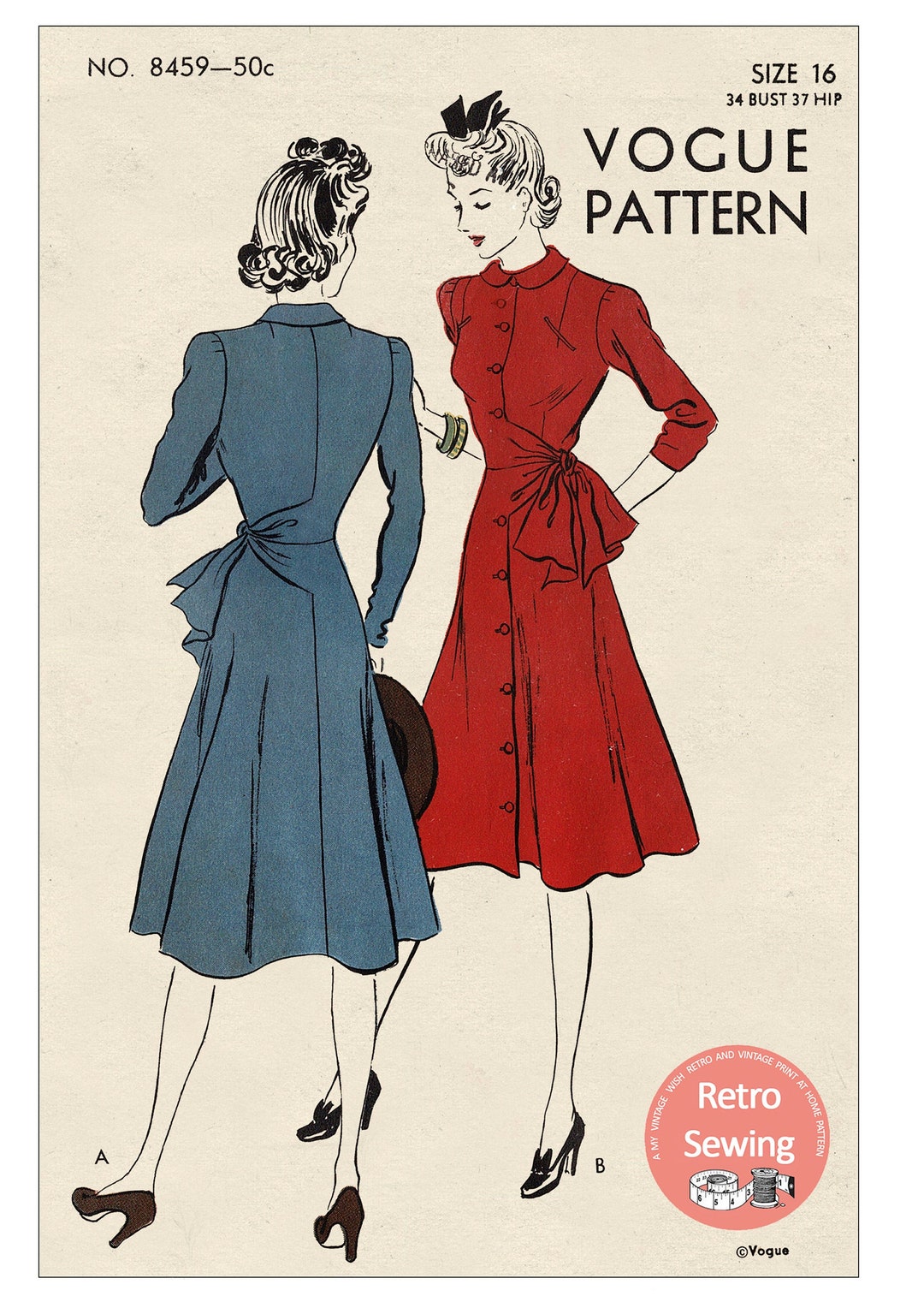 1940's Button Front Tea Dress Bust 34 PDF Sewing Pattern 