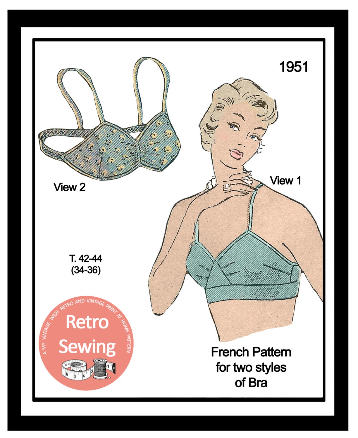 1950s French Pattern for a Soft Cup Bra Bust 34-36 