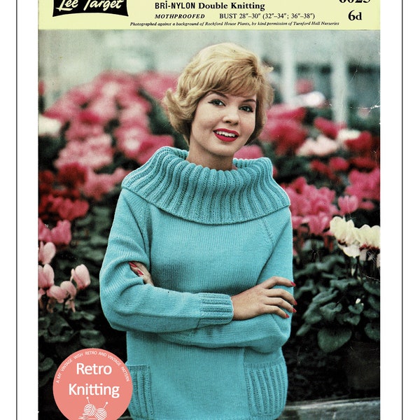 1960's Cowl Collar Sweater Knitting Pattern,  PDF Instant Download