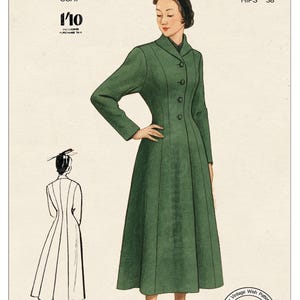 1940s Single Breasted Princess Coat PDF Sewing Pattern Bust 34