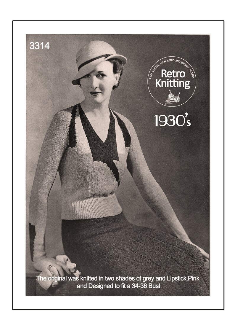 1930's Stylish Color Block Sweater and Skirt PDF Knitting Pattern Digital Download image 1