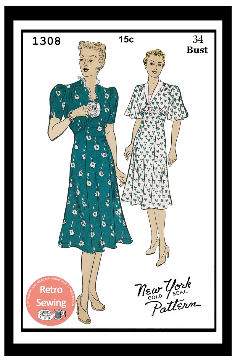 1930s Flutter or Puff Sleeve Tea Dress Ready Printed Pattern Etsy