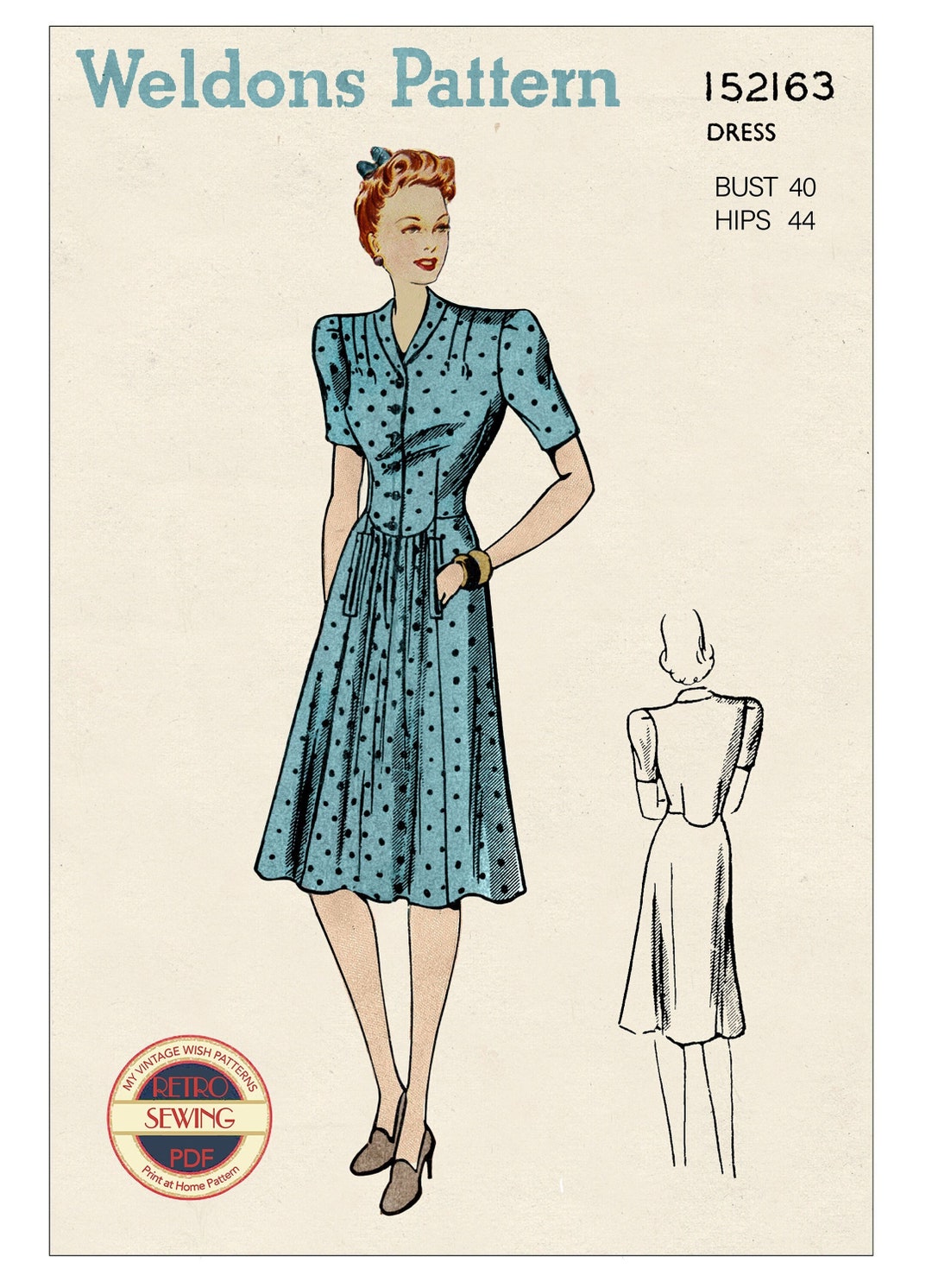 1940s Roll Collar Tea Dress PDF Pattern Bust 40 Etsy