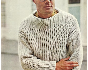Vintage 1950s-60s Men&#39;s Chunky Knit Sweater PDF Pattern – Easy Twisted Rib Design, 4 Sizes
