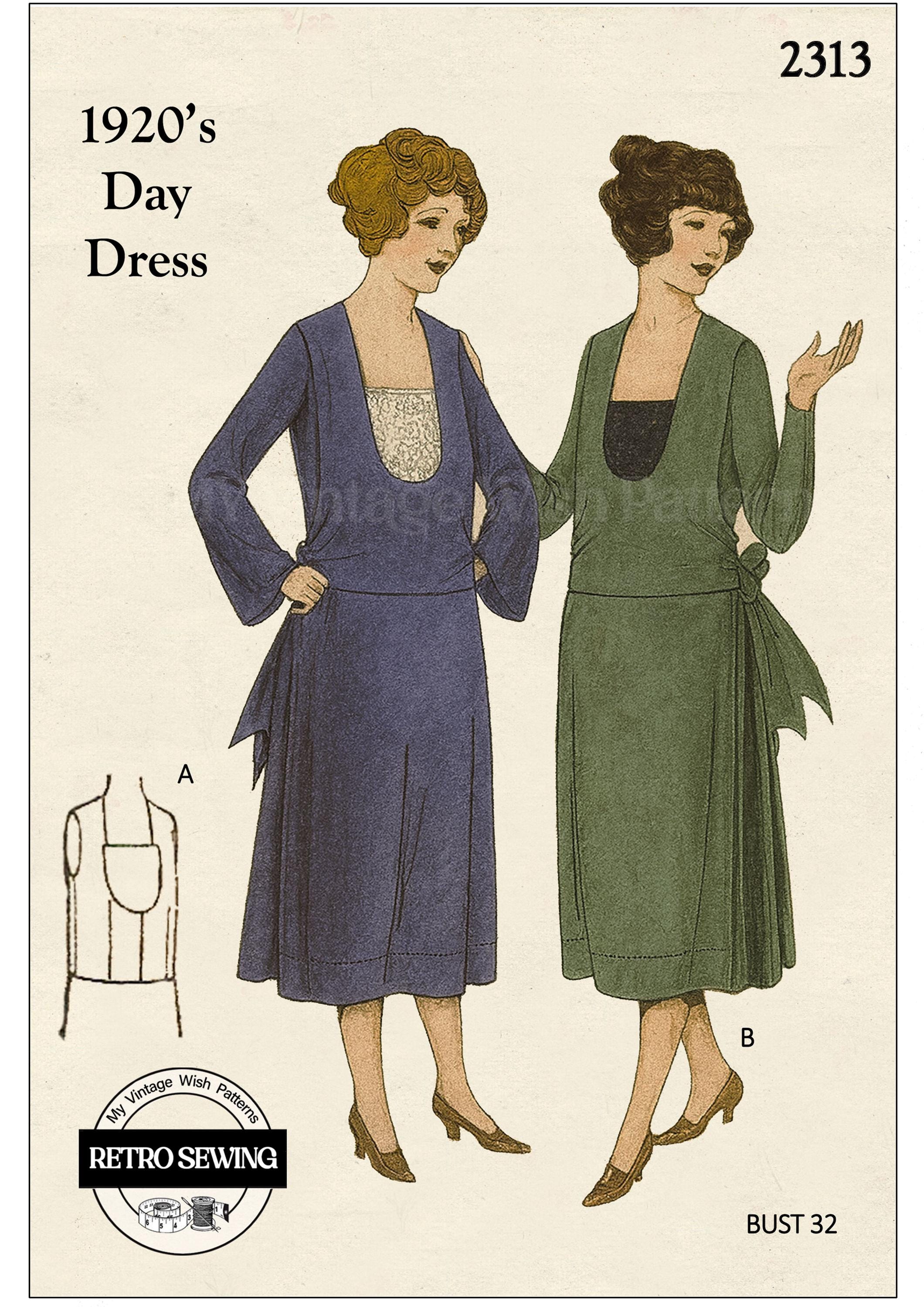 1920's Day Dress PDF Sewing Pattern Bust 32 - Etsy