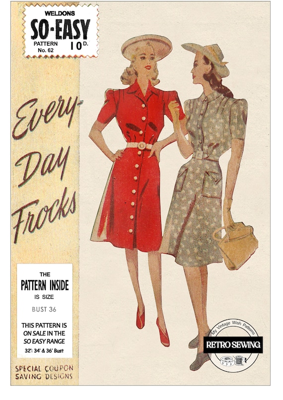 1940s Wartime Shirt Dress Pattern 3 Sizes available 1940s Wartime Shirt Dress Pattern 3 Sizes available