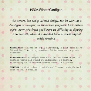 1930's Ladies Cardigan PDF Vintage Knitting Pattern image 2