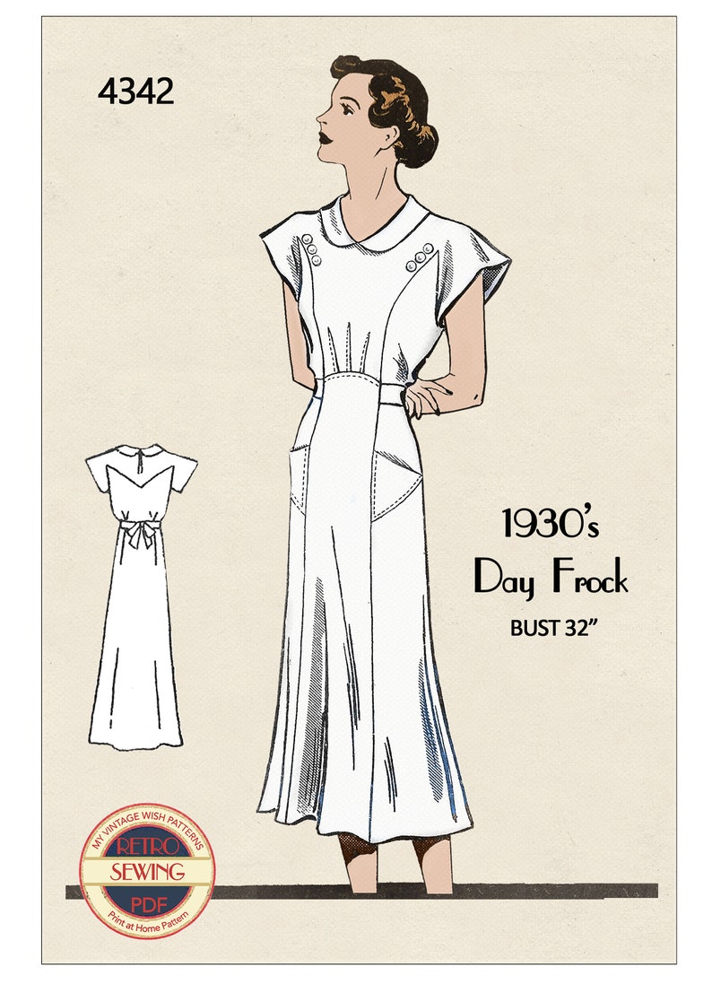 Vestido de té casual de la década de 1930 con bolsillos PDF Patrón de costura Busto 32 imagen 3